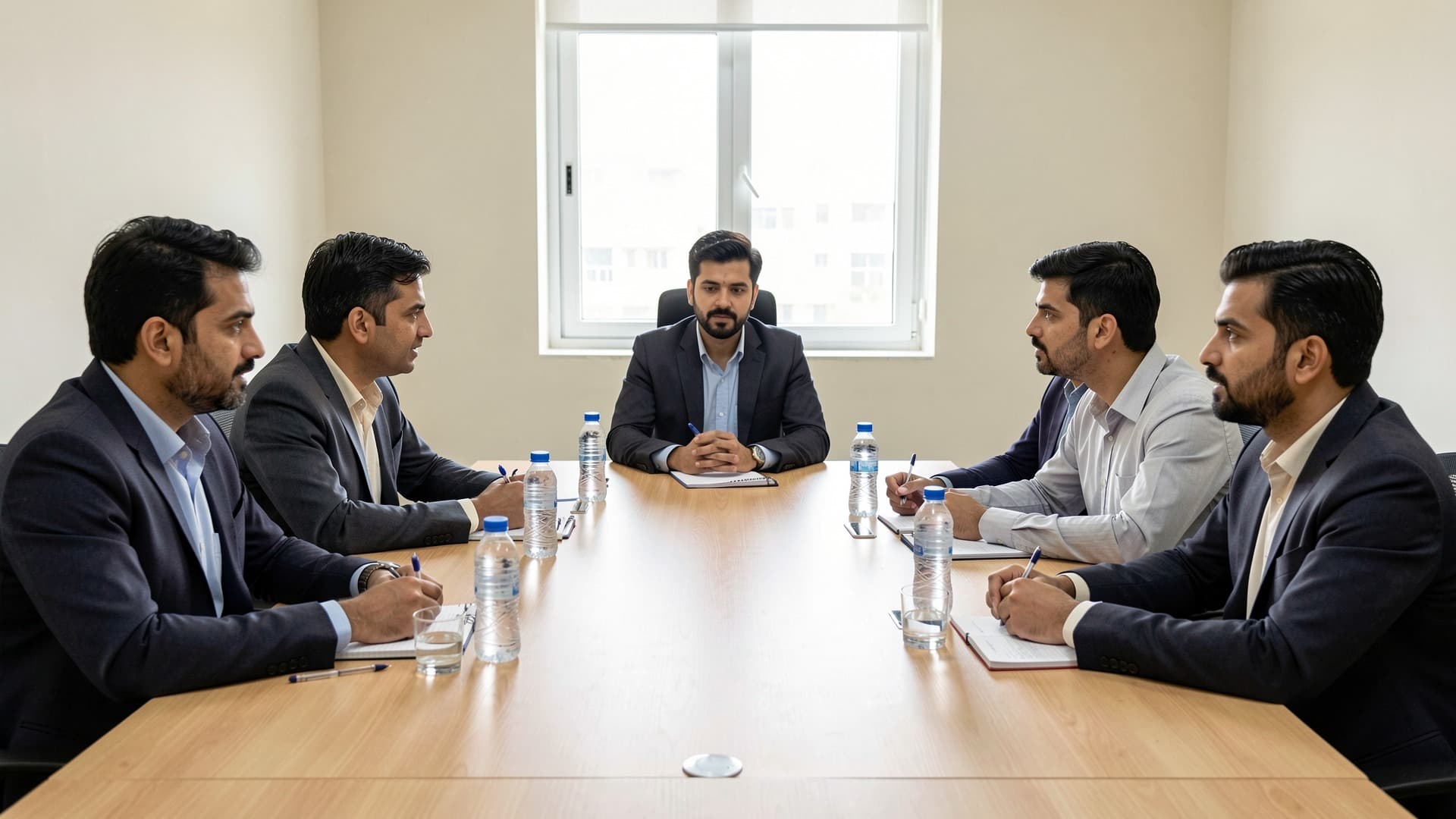 Colleagues in a meeting around a table, each with a small bottle of water and a glass