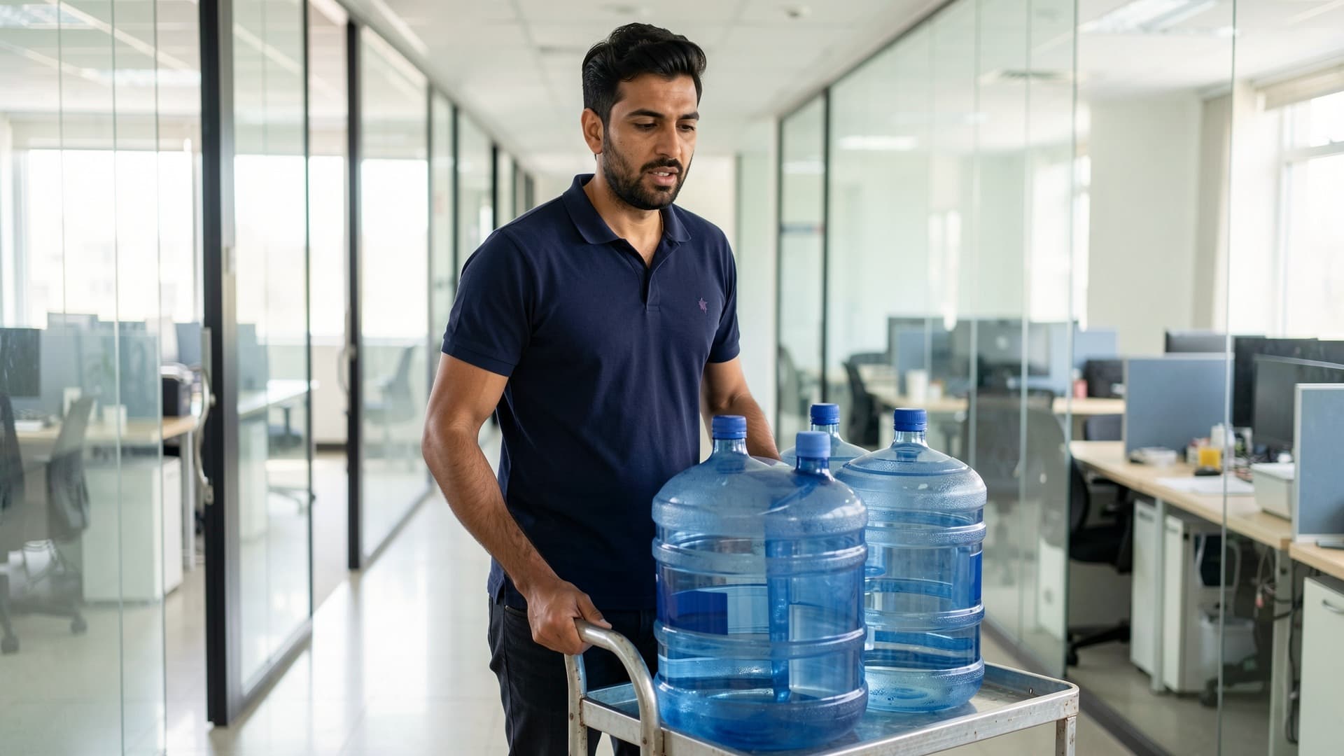 A delivery man pushing a trolley of 19 litre water bottles along an office corridor