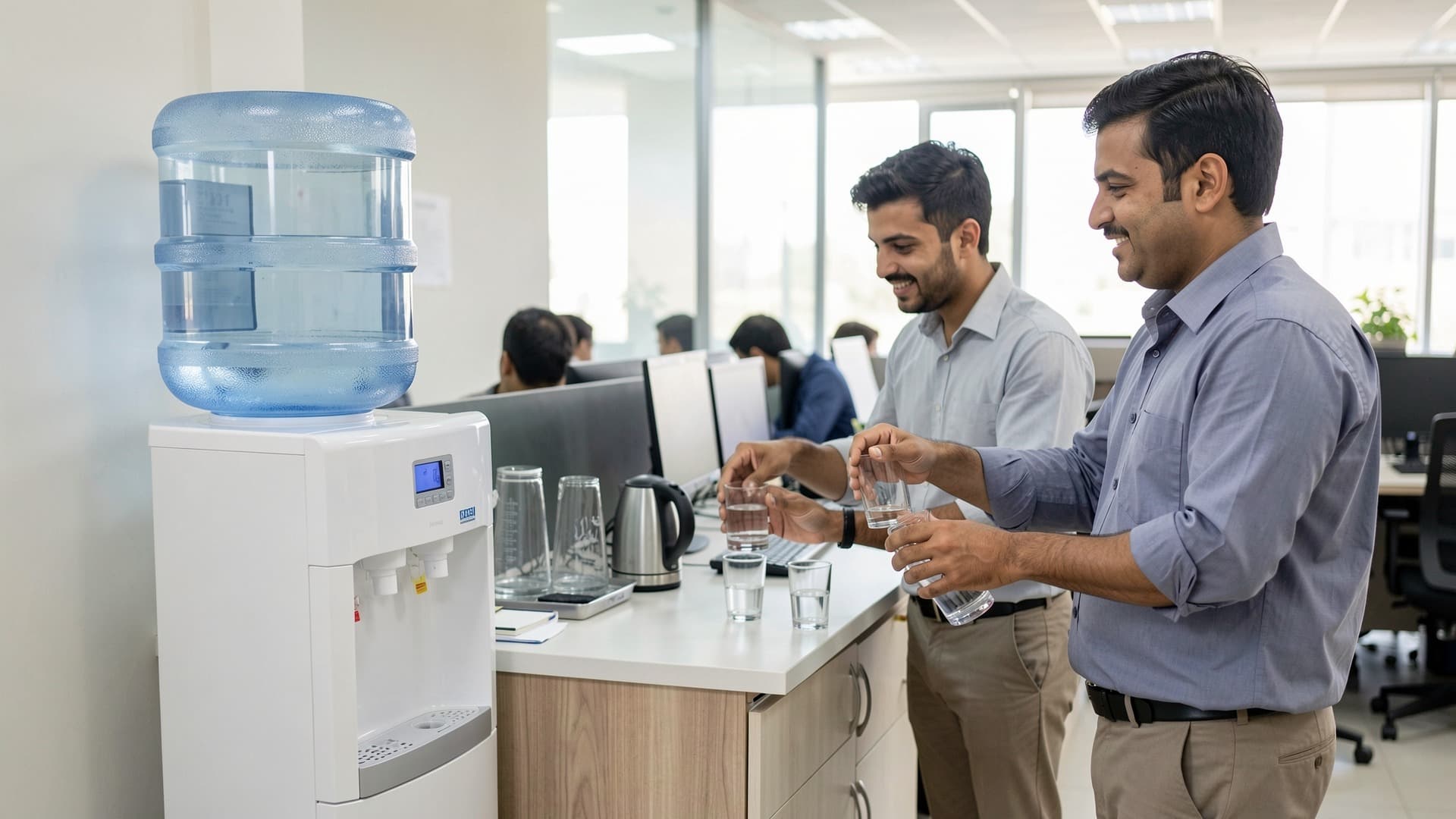 Two colleagues filling glasses at a water dispenser with a 19 litre bottle in a modern office
